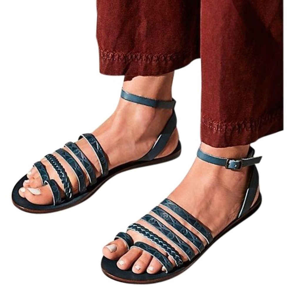 Free People Blue Aztec Design Leather Sandals